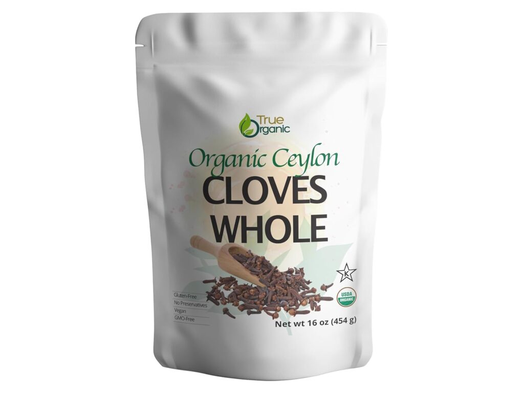 A package of True Organic Ceylon Cloves Whole, USDA-certified organic and kosher, displayed in eco-friendly packaging. The rich, aromatic cloves are visible, emphasizing their premium quality and freshness.