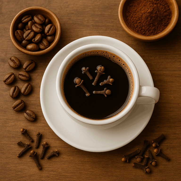 steaming cup of coffee infused with cloves, highlighting their antioxidant, digestive, and immune-boosting properties for wellness.
