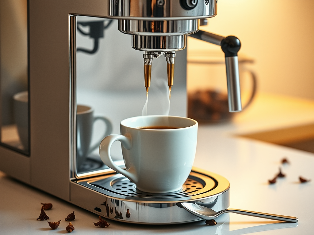 coffee machine brewing a fresh cup, releasing a gentle swirl of steam. Nearby, aromatic cloves rest on a spoon, ready to enhance the rich blend.