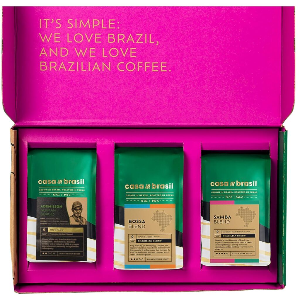 “Explore Brazil Coffee Sampler gift box with three bags of freshly ground Brazilian coffee, featuring bold, nutty, and chocolatey flavor profiles.”