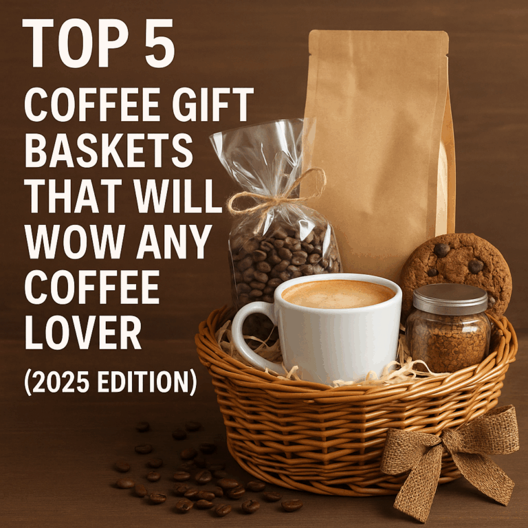 ustic wicker coffee gift basket on a wooden table, filled with a white mug of frothy coffee, a bag of beans, instant coffee, and chocolate chip cookies. Scattered coffee beans and bold white text reading ‘Top 5 Coffee Gift Baskets That Will Wow Any Coffee Lover (2025 Edition)’ complete the cozy, inviting scene.