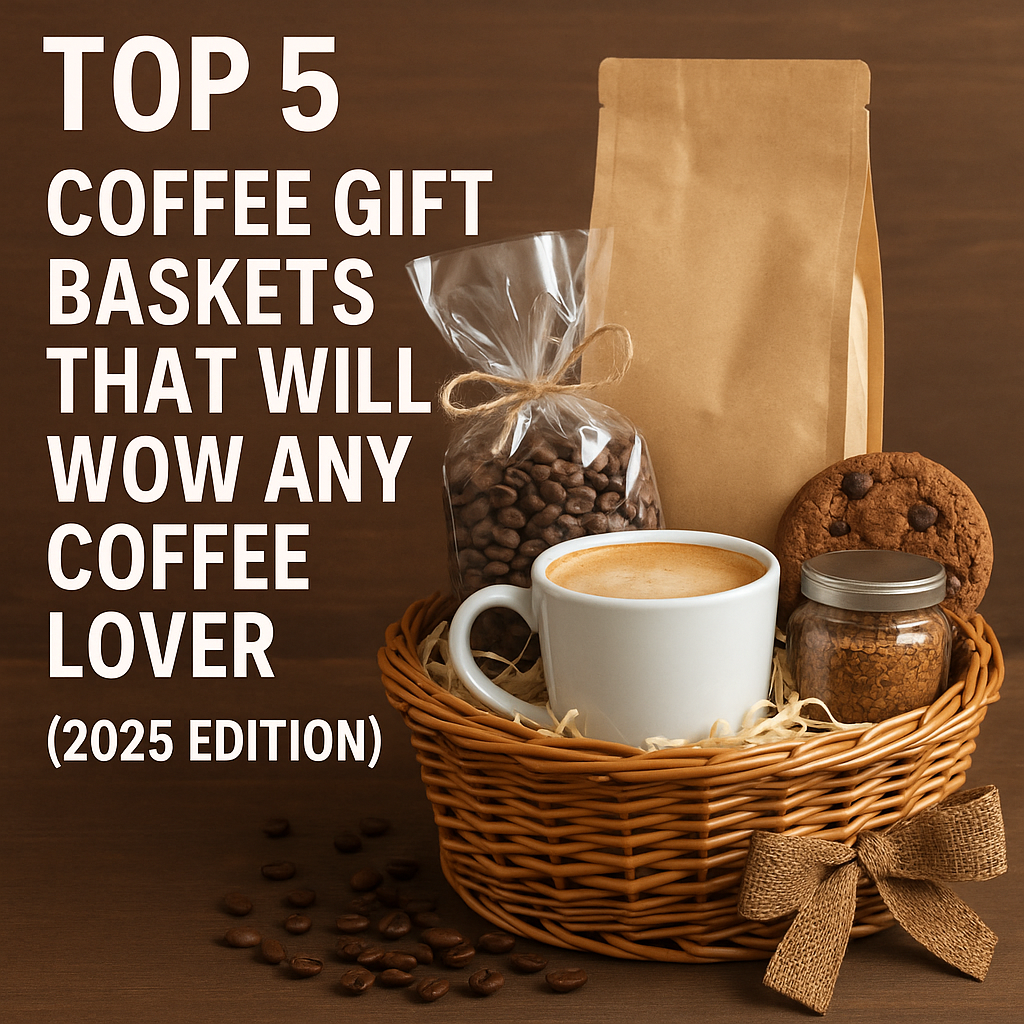 ustic wicker coffee gift basket on a wooden table, filled with a white mug of frothy coffee, a bag of beans, instant coffee, and chocolate chip cookies. Scattered coffee beans and bold white text reading ‘Top 5 Coffee Gift Baskets That Will Wow Any Coffee Lover (2025 Edition)’ complete the cozy, inviting scene.