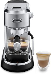 De’Longhi Dedica Maestro espresso machine with built‑in milk frother on kitchen counter